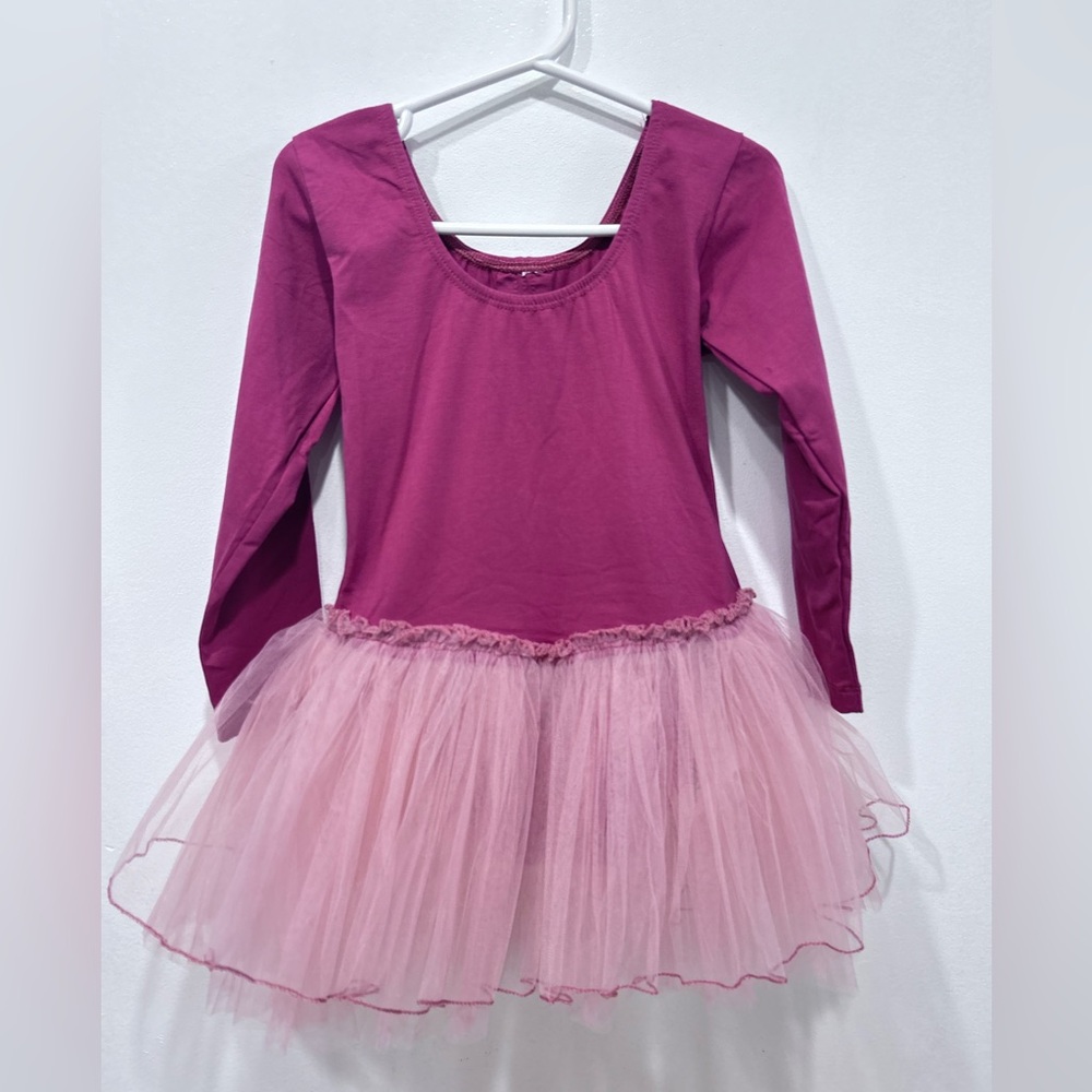 Girls Long Sleeve Tutu Dress w/ Pink Tulle Skirt Snap Closure -See Measurements